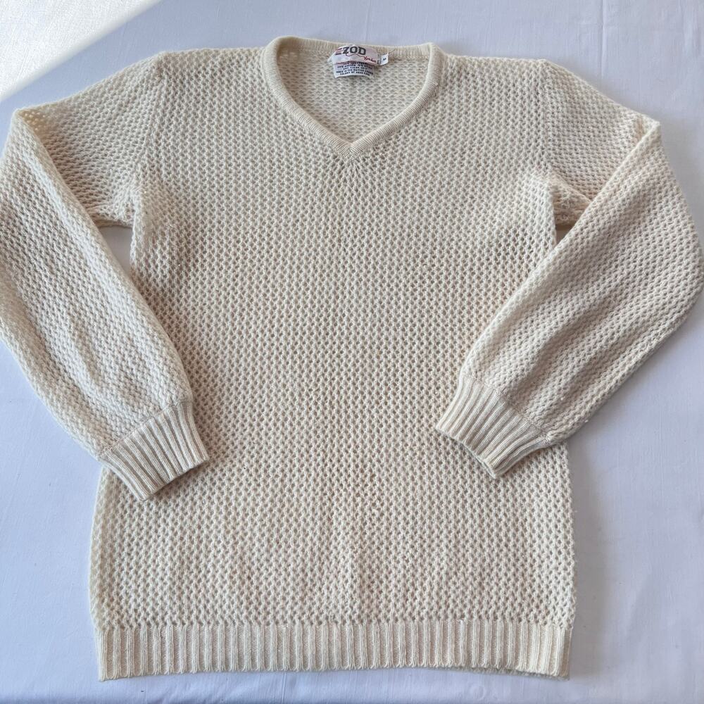 Izod Lambswool Angora Vintage Eyelet V-Neck Sweater Women's size Small Cream 70s